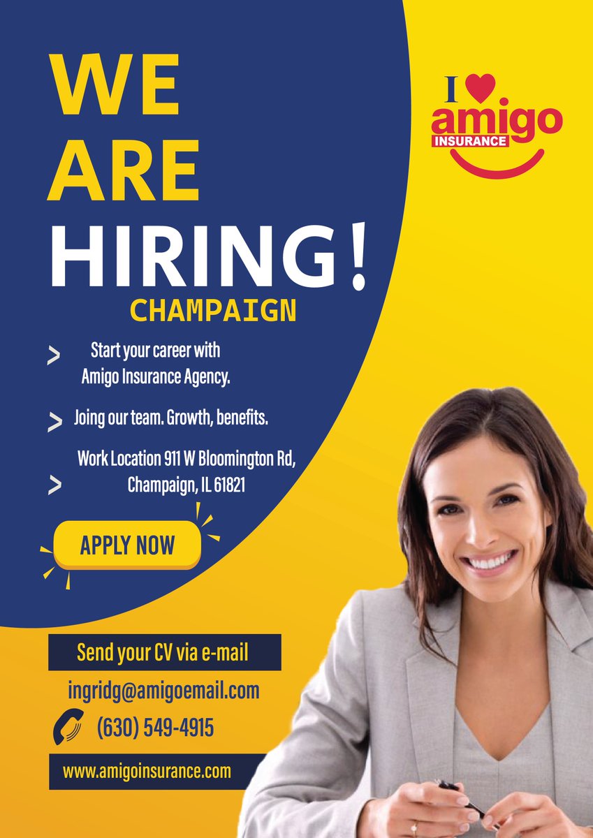 SegurosAmigo's tweet photo. Join our team! We are hiring talented workplace Champaign IL employees.  
Explore our current job openings now. 🔍 #NowHiring #Champaign #Chicago #Iloveamigoinsurance https://t.co/gVkvkTDoMJ