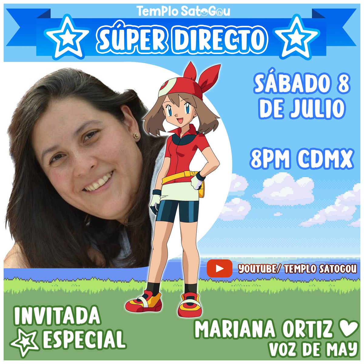 ¡Una nueva invitada llega al Templo SatoGou! 🤩

En ésta ocasión nos acompañará Mariana Ortiz <a href="/OrtizOrtz2/">Mariana Ortíz</a> , actriz de doblaje que prestó su voz a May, la princesa de Hoenn. 

Acompáñenos este Sábado 8 de Julio a las 8:00 p.m. en nuestro canal de Youtube!

¡Los esperamos! 🥰