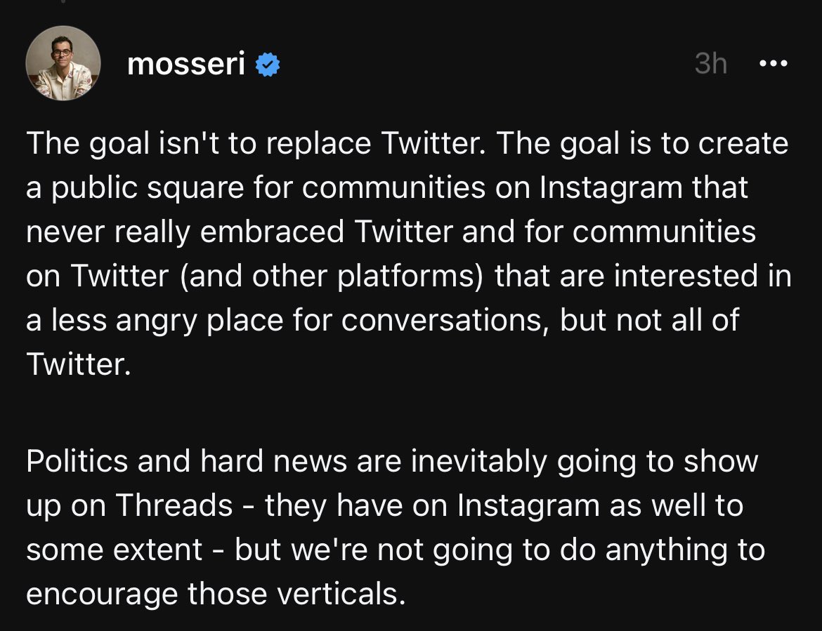 HerrPedroza's tweet photo. Instagram says no “politics and hard news” on Threads.

It’s also sad - but not surprising - that in 2023 we’ve concluded that politics + hard news = anger. https://t.co/0ePFj7XZfZ