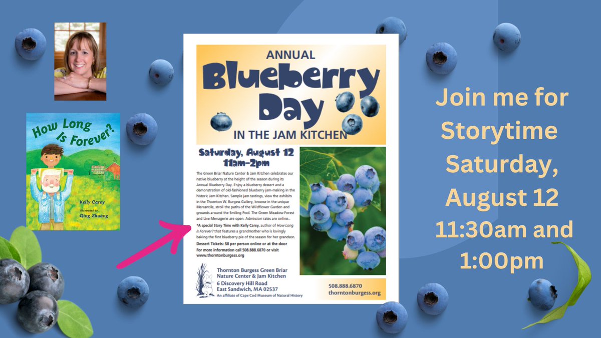 Mark your calendars - and do not wear white! It's the Annual Blueberry Day in the Jam Kitchen. I'll be reading HOW LONG IS FOREVER at 11:30am and 1:00pm. When not reading I'll likely be eating jam - blueberry jam! 😋🫐📚<a href="/thorntonburgess/">Thornton W. Burgess</a>  <a href="/charlesbridge/">Charlesbridge</a> <a href="/capecodtimes/">Cape Cod Times</a>