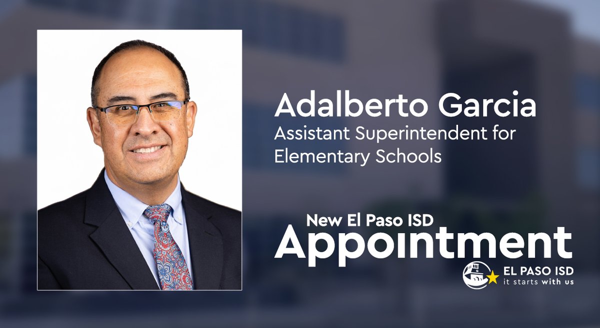 Help us congratulate Adalberto Garcia on his appointment as El Paso ISD's new Assistant Superintendent of Elementary Schools!

Congratulations, Mr. Garcia! 🎉

Learn more bit.ly/episd_asst_sup… #ItStartsWithUs