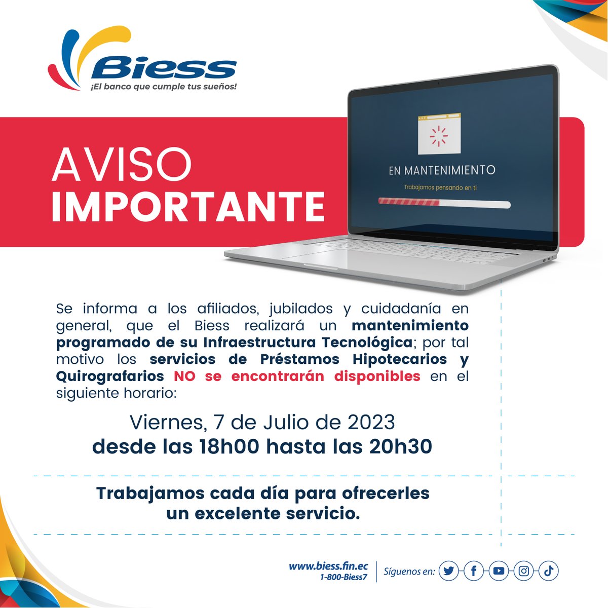BiessEcuador's tweet photo. 📱Informamos a la ciudadanía que nuestro portal de servicios de Préstamos Hipotecarios y Quirografarios entrarán en  mantenimiento la tarde de hoy.
#BiessATuServicio 

Más información ⬇️⬇️⬇️ https://t.co/JYHl9mXmWg
