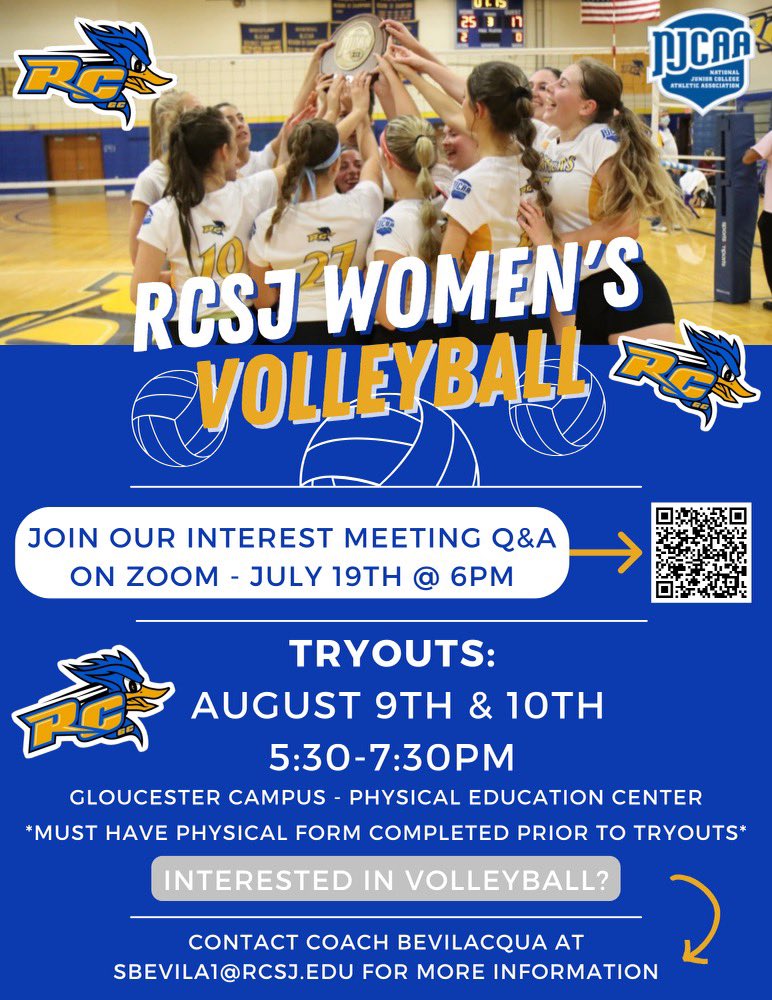 RCRoadrunners's tweet photo. The RCSJ Women's Volleyball team will be holding an interest meeting and tryouts for student athletes! See  poster for details. 

If interested, contact Coach Samantha Bevilacqua at sbevila1@rcsj.edu. https://t.co/EIDT55PktY