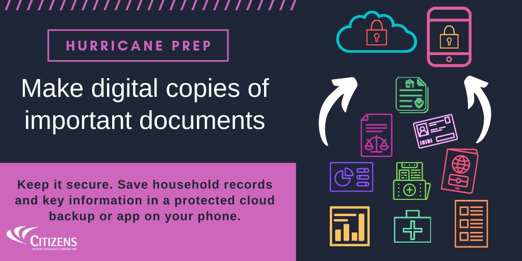 citizens_fla's tweet photo. #CheckYourPrep: Snap photos of these important documents or save digital copies to the cloud. #BeReady year-round.
✔️ Housing payments & insurance policies
✔️ Tax statements, paycheck stubs & financial records
✔️ Identification & medical info
More tips: https://t.co/yP5nBUs9Rf https://t.co/Fd98rYgTpo