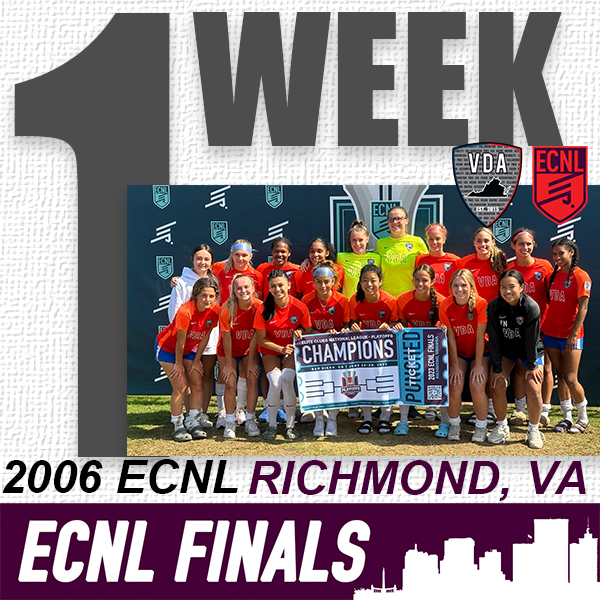 vdasoccer's tweet photo. ☝️ Week until the the @ecnlgirls National Finals for the 2️⃣0️⃣0️⃣6️⃣ Girls ECNL
Quarterfinal Round 🆚 Colorado Rapids
July 14-17 | 📍Richmond, VA
#ChasingThat🏆 #VDAGirlsECNL #LetsGoVDA https://t.co/XVxi7JfU9N