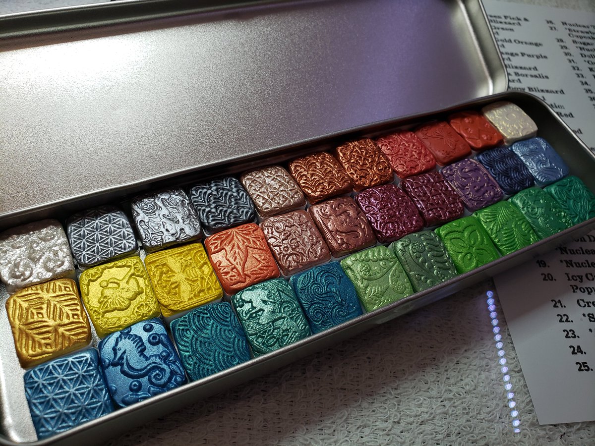 ScarletNymph's tweet image. First, a completed custom palette, ready to go to a lucky customer. We have more than 180 mica pigments ready to share with you! Scarletnymph.etsy.com

#watercolorpaint #micapaint #scarletnymphdesigns #etsyseller #handmadebyme #customorderforyou