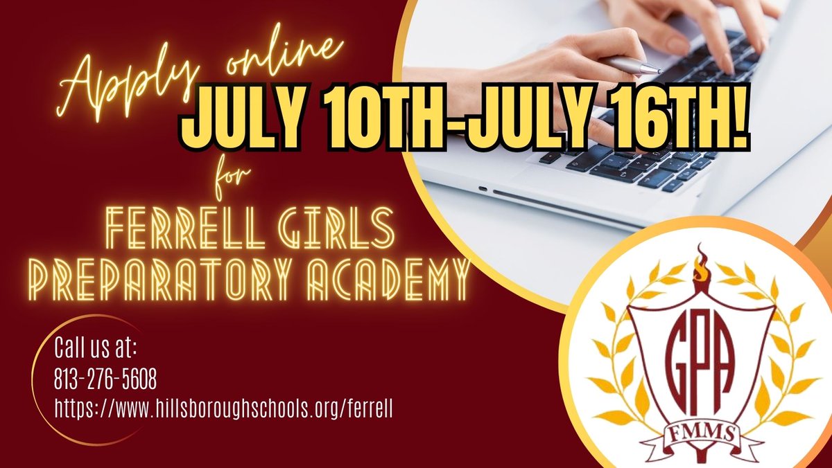 The final Magnet Application Window for the 2023-2024 school year will run from July 10th (5 PM) to July 16th (11:59 PM)
Apply to Ferrell GPA at the link below:
community.sdhc.k12.fl.us/wps/portal/com…