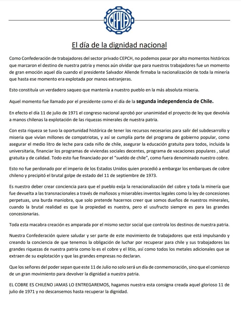 CepchC's tweet photo. A 52 años de la nacionalizacion del cobre por el compañero Presidente Salvador Allende, la CEPCH está presente. https://t.co/t1zF2pk2RW