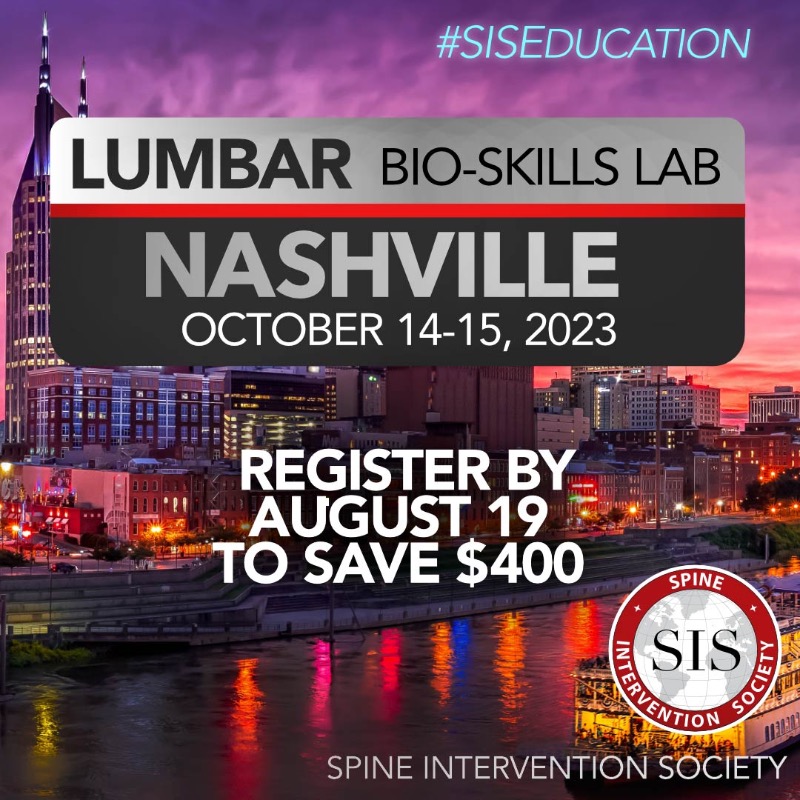 IPSISMed's tweet photo. For the first time in Nashville, SIS can help you build your foundation for achieving optimal interventional pain outcomes with our renowned Lumbar Bio-Skills Lab. #SISEducation #InterventionalPainMedicine #PainMedicine #InterventionalPainManagement #PainManagement