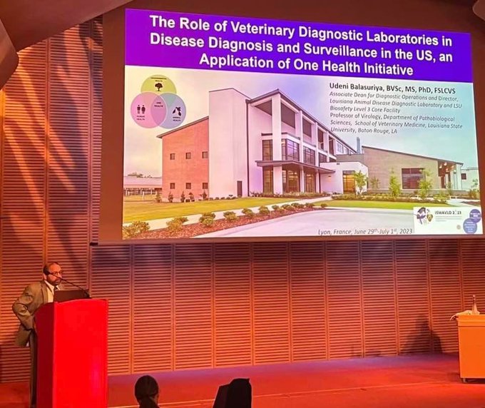 LSUVetMed's tweet photo. Global impact: Drs. Udeni Balasuriya, Mariano Carossino & Come Thieulent of the Louisiana Animal Disease Diagnostic Lab (LADDL) at #LSUVetMed presented at the International Symposium of the World Veterinary Lab Diagnosticians in Lyon, France. #WeProtect #Louisiana #LSU #LADDL https://t.co/kinbs80GWC