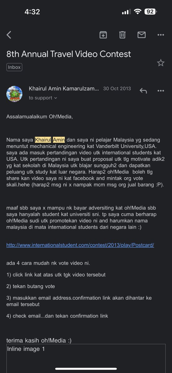 ohtweet's tweet photo. Terfikir pernah tak Khairulaming contact Ohmedia untuk beriklan ke atau minta share apa-apa ke suatu masa dulu. Ada rupanya tahun 2013 dan lebih menarik, ada link video kat dalam tu masa beliau muda remaja lagi mengajak anak muda belajar bersungguh.

Sejak azali memang beliau sentiasa nak bagi positive vibes pada semua. Sekarang dah jadi hot stuff pun seantero Malaysia mengalahkan artis 🥰