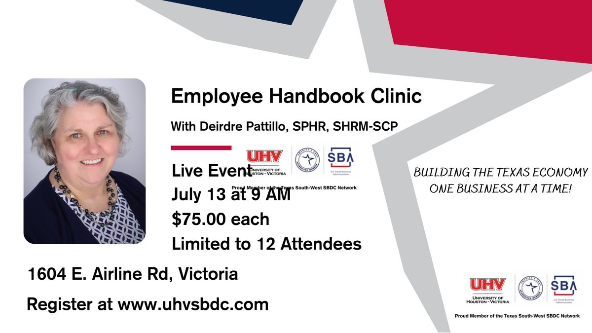 UHVictoriaSBDC's tweet image. Build your handbook on July 13 9-4. Every employee deserves a handbook. A valuable tool that can benefit both employers and employees. 5 seats left uhvsbdc.edu There is a fee for this workshop #smallbusiness #createhandbook #employees #employer #employeehandbook