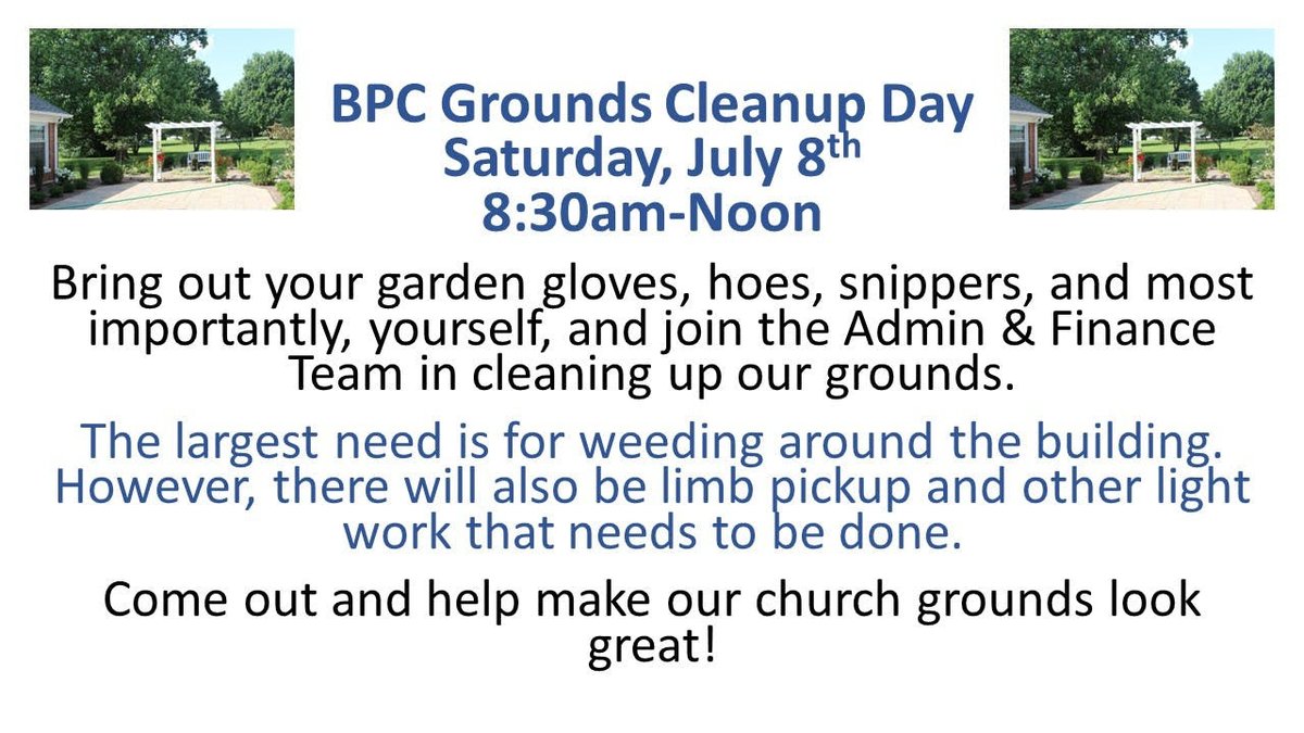 BPCLEX's tweet photo. Looking for something to do tomorrow morning? Join us at 8:30 am to help clean up the grounds around the church. #cleanupday #SaturdayVibes https://t.co/yT1y7YJZcq