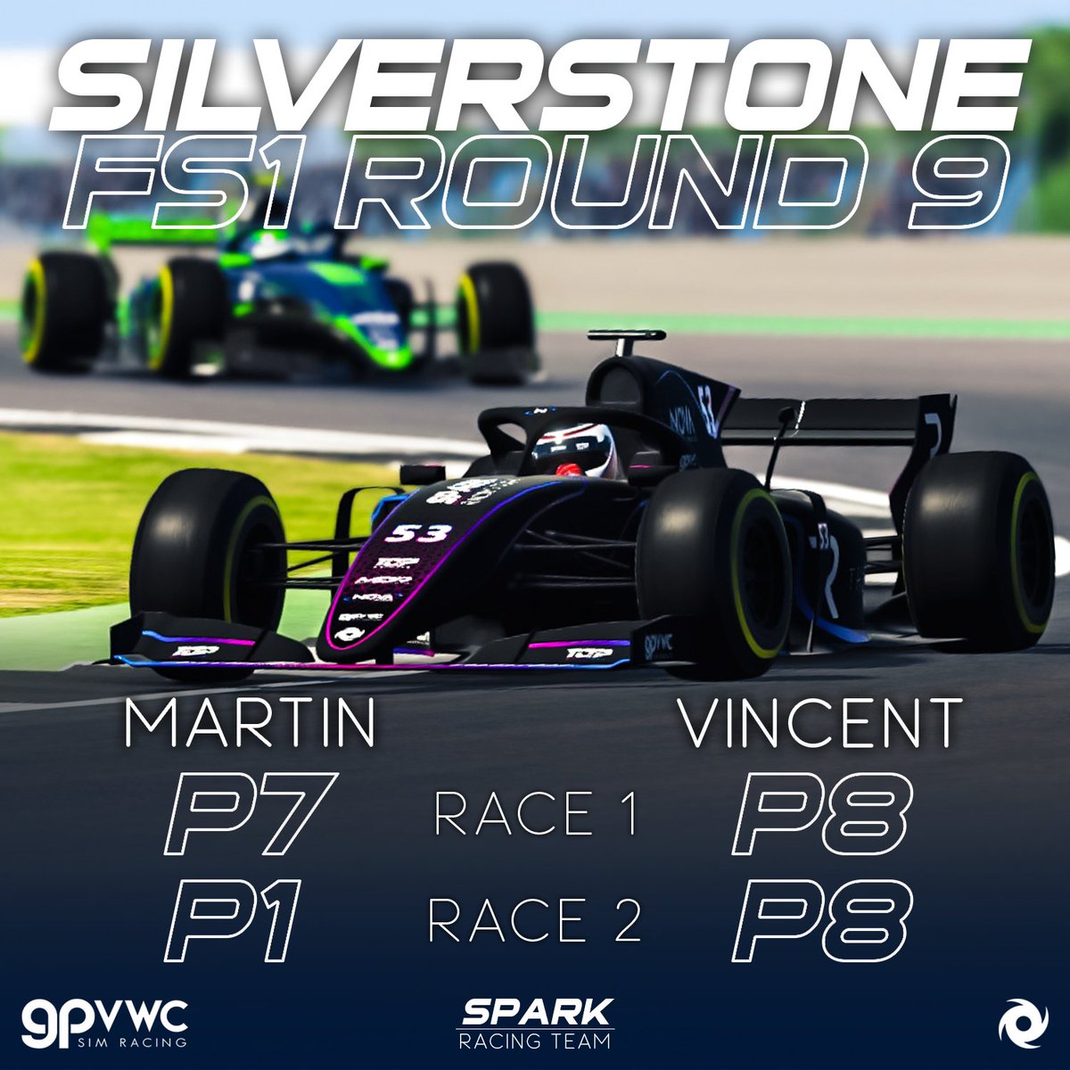 For this round we ran the last year's @NovaSimracing livery for our engineer Josh. Martin, who stood in for Tom, drove brilliant in race 2 and won. We hope we made him proud with these results.😉 #gpvwc #FS1 #simracing #esports #BritishGrandPrix #britishGP