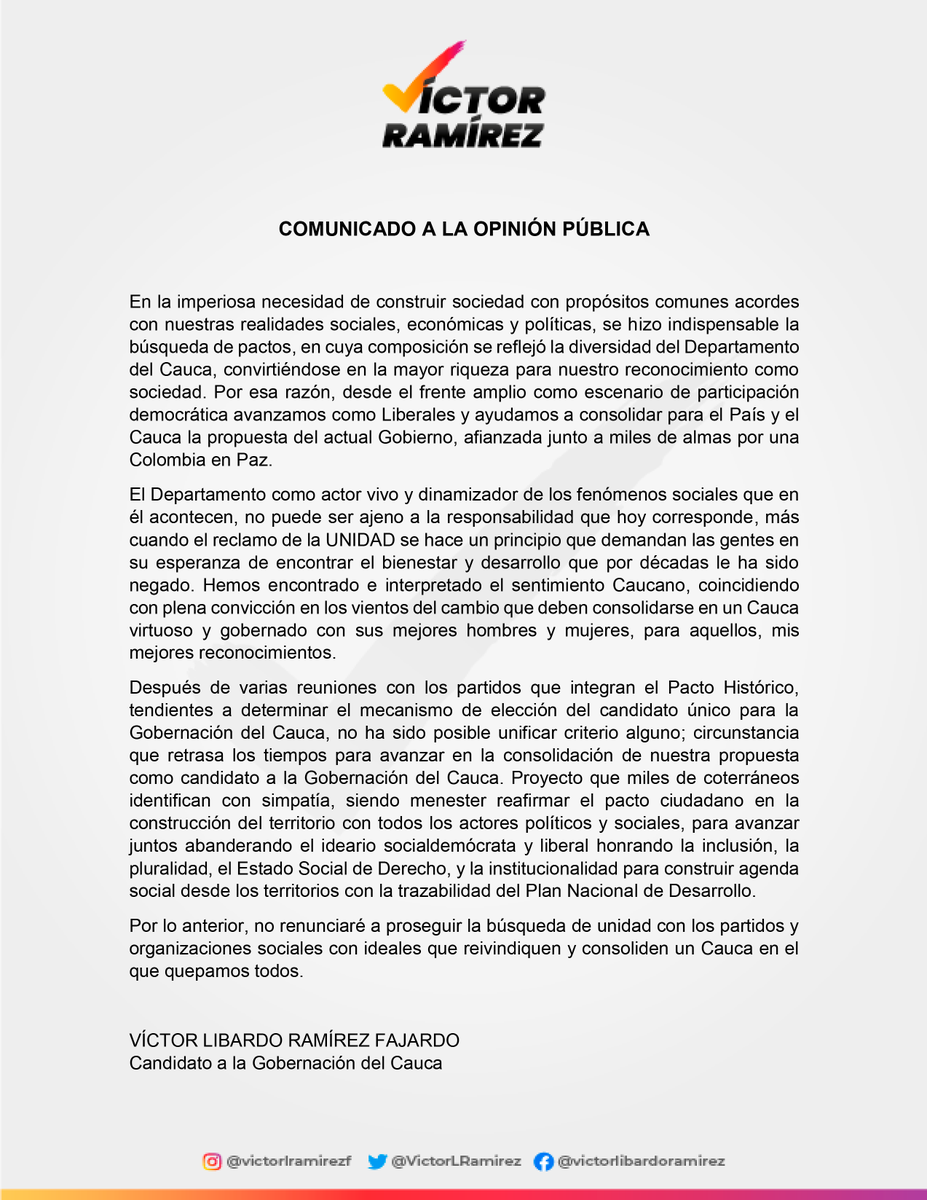 VictorLRamirez's tweet photo. Hoy tengo información muy importante qué compartirles. Muchas gracias a todos ustedes y a esta colectividad que una vez más me brinda su respaldo para construir el Cauca que queremos. Soy #VictorRamirez #Cauca https://t.co/evubAYbiA8