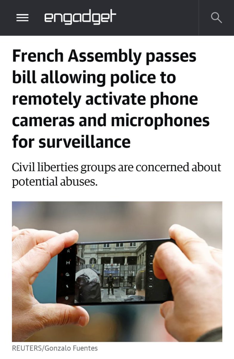 ylove's tweet photo. This should go over well.
Also, per the article, cops will be relying on security VULNERABILITIES to accomplish this, rather than asking manufacturers to include "backdoors".
Cops literally hacking into your phone?
https://t.co/zxC5yD69Pl
#tech #france #zeroprivacy https://t.co/I58bcuL0QJ