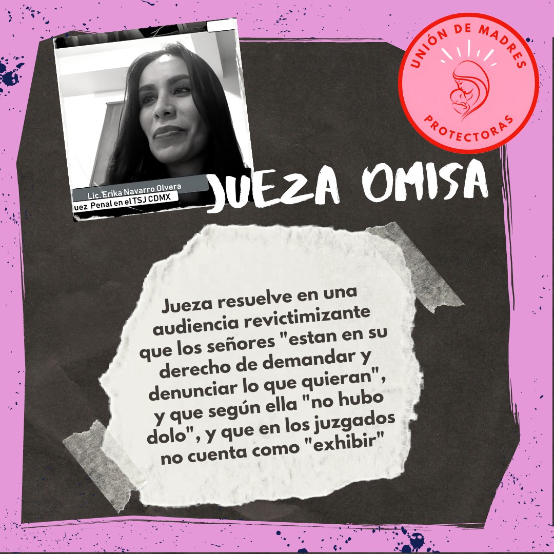 <a href="/ONUDHmexico/">ONU-DH México</a> <a href="/ONUMujeresMX/">ONU Mujeres México</a> <a href="/CONAVIM_MX/">CONAVIM_MX</a> <a href="/MagRafaelGuerra/">Rafael Guerra Álvarez</a> <a href="/FiscaliaCDMX/">Fiscalía CDMX</a> <a href="/ColectivaDV/">DeconstrucciónVioleta A.C</a> <a href="/FNCVVICARIA/">Frente Nacional contra Violencia Vicaria A.C.</a> <a href="/LaCostillaRota_/">LaCostillaRota</a> <a href="/MadresJusticia/">Madres Justicia</a> <a href="/AsociacionMamiC/">Asociación Mami 🇨🇴</a> La jueza Erika Navarro Olvera, NO VINCULÓ A LOS AGRESORES, pues cree que pueden presentar las pruebas que quieran y que según ella, "no lo hicieron con dolo", y "los juzgados y fiscalías no cuentan como exhibir". Es alarmante la DISCRIMINACIÓN con la que se aplican las leyes