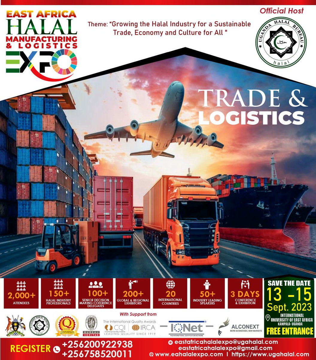 You invited to attend the East Africa Halal Manufacturing &amp; Logistic Expo <a href="/spedag/">Spedag Spedition K.</a> <a href="/TropicalBank/">TROPICAL BANK LTD</a> <a href="/AKyambadde/">Amelia Kyambadde</a> <a href="/KEBS_ke/">KEBS KENYA</a> <a href="/newsUMA/">UgandaManufacturersAssn®</a> <a href="/TheHalalBureau/">Uganda Halal Bureau</a> <a href="/SalaamTVAfrica/">Salaam TV Africa</a> <a href="/CairoBank/">Cairo Bank Uganda</a> <a href="/StartvUganda/">UBC STAR TV UGANDA</a> <a href="/UNBSug/">UNBS</a> <a href="/RDBrwanda/">Rwanda Development Board</a> <a href="/meaca_ug/">#Ministry of EAC Affairs</a> <a href="/veriifyhalal/">VERIIFYHalal™️</a>