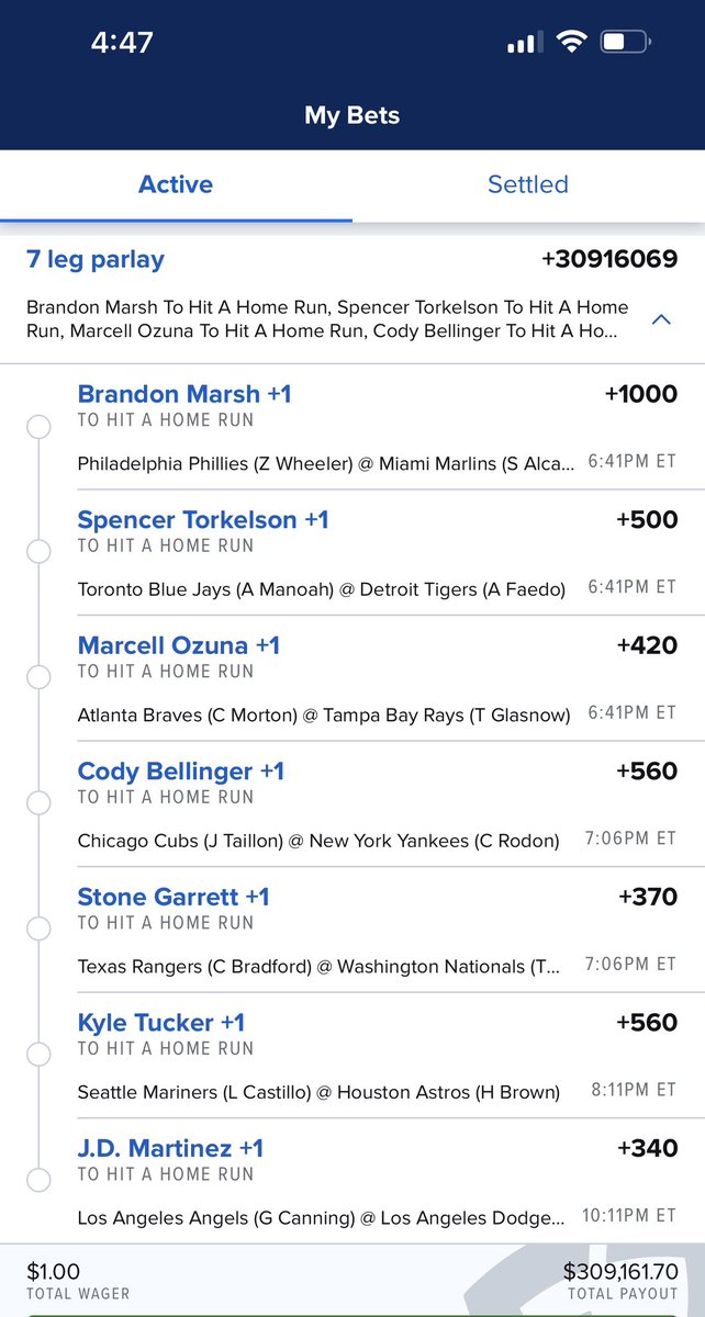 PrayAndParlay's tweet photo. Here’s my daily donation, I mean ticket… #HomeRunParlay #DingerFriday #MLB #RoundRobin 

@MLBHR take a good look at this list; I need to see at least four names tonight 🤲🏾🤝🏾🤣 https://t.co/ObU2U5WQyH