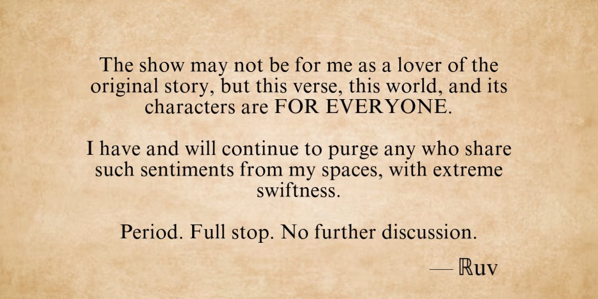 |☀️| - Given the recent show discourse, I want to state definitively that as a book/game fan, and someone who has been in this verse since 2018;

— There is NO place in this verse for homophobic, transphobic, sexist, or racist rhetoric.