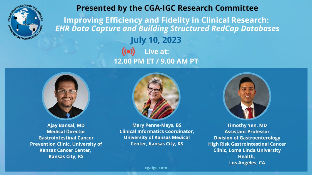 CGA-IGC (@cgaigc) on Twitter photo 🚨Don't forget to register❗️
🗓️Mon, July 10
⏱️noon ET / 9am PM
👉Register tinyurl.com/4y577r6c
🚨<a href="/AjayBansal_KUMC/">Ajay Bansal</a> & <a href="/TimYen1/">Timothy Yen MD</a> & Mary Penne-Mays will🗣️the essentials of #DataManagement - extracting data from electronic health records & managing data for🔬studies
#GIFellow 🚨Don't forget to register❗️
🗓️Mon, July 10
⏱️noon ET / 9am PM
👉Register tinyurl.com/4y577r6c
🚨<a href="/AjayBansal_KUMC/">Ajay Bansal</a> & <a href="/TimYen1/">Timothy Yen MD</a> & Mary Penne-Mays will🗣️the essentials of #DataManagement - extracting data from electronic health records & managing data for🔬studies
#GIFellow
