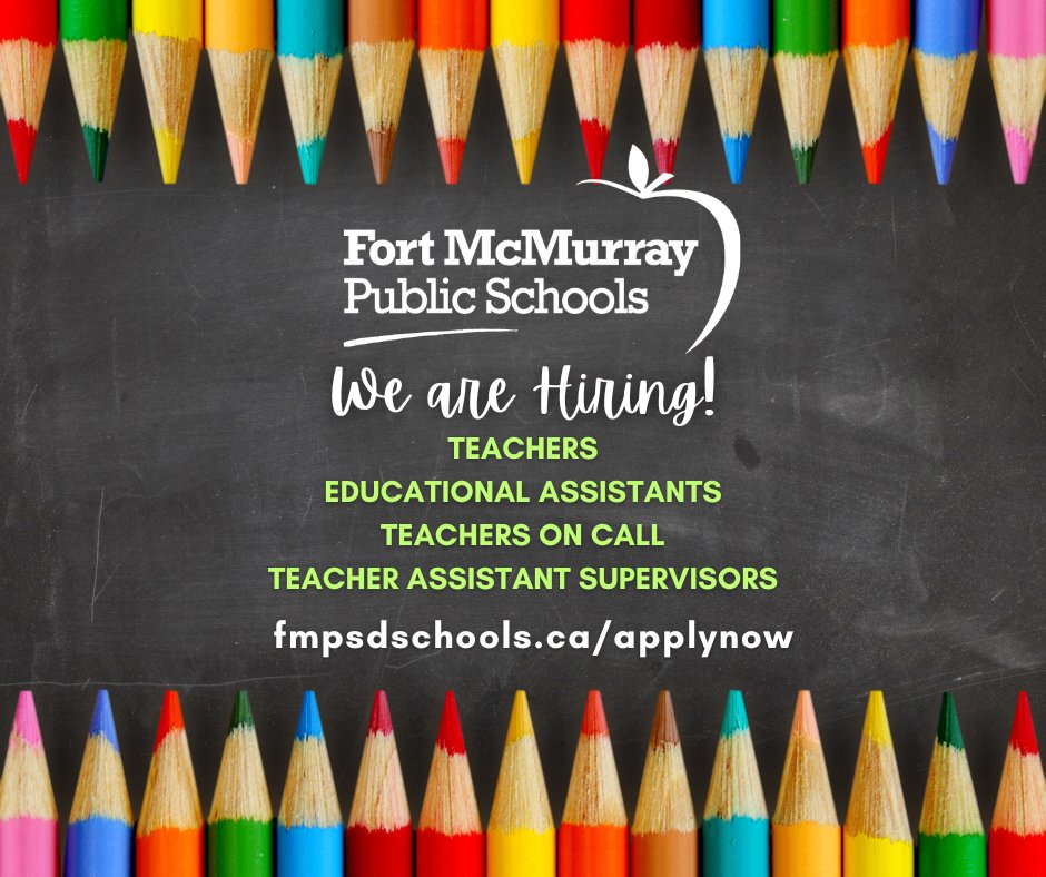 fmpsdHR's tweet image. Fort McMurray Public Schools is hiring! FMPSD is a dynamic and growing school division with excellent career opportunities available. Check out the job postings at fmpsdschools.ca/applynow @fmpsd #DoingWhatsBestForKids