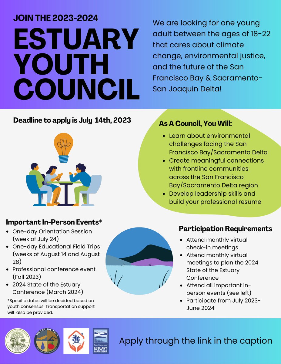 The Estuary Youth Council is an environmental/climate leadership development program for BIPOC youth. Restore the Delta is recruiting one young adult between the ages of 18 and 22, residents of #SanJoaquinCounty preferred! #Internship #CAwater
Apply here:  forms.gle/DgR1JrF4e9Hj7W…