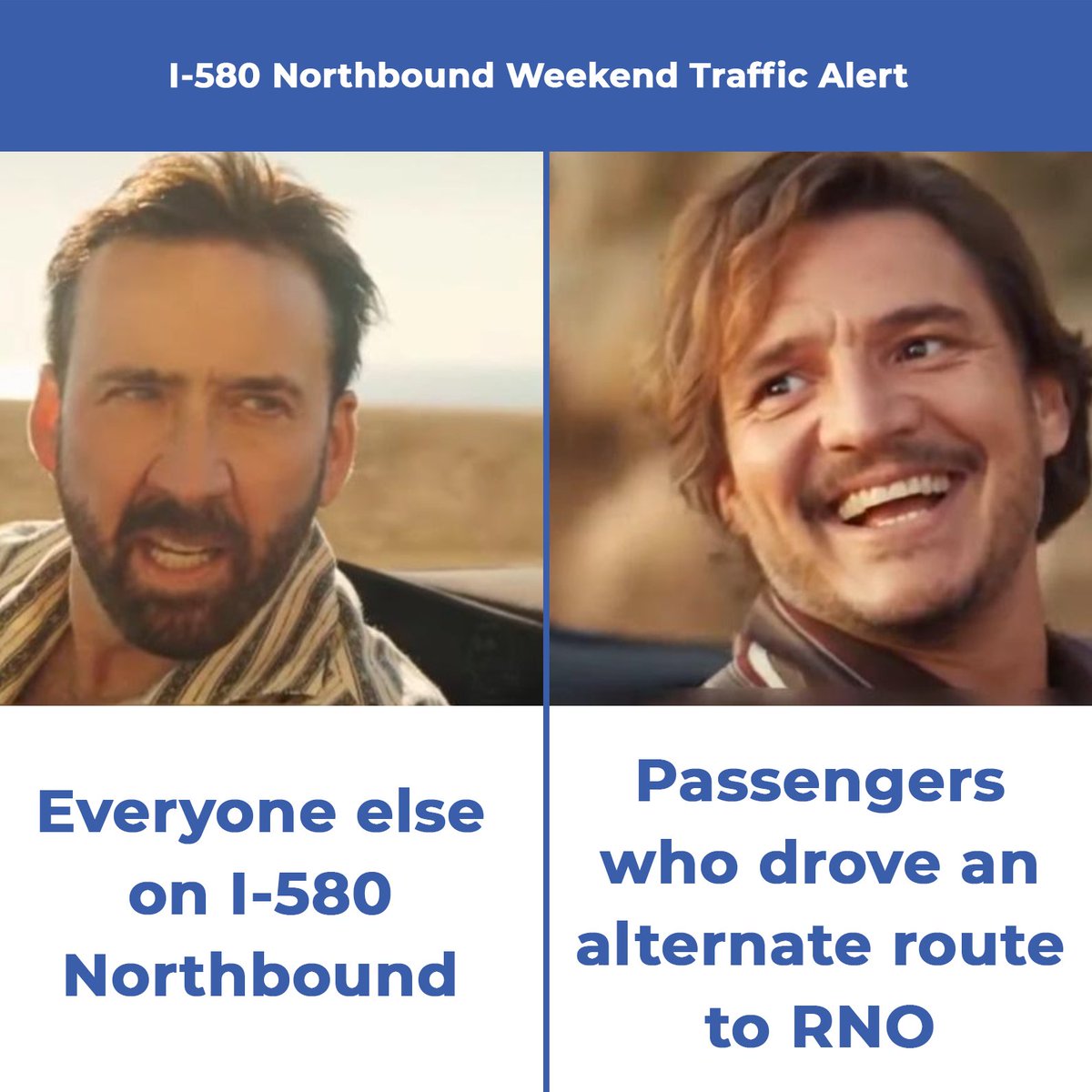 RenoAirport's tweet photo. Reminder: Expect Northbound I-580 traffic delays starting tonight, July 7 at 7pm, through Monday, July 10 at 5am. We advise passengers to find an alternate route to RNO: avoid using I-580 Northbound or exit before Exit 30 (Neil Road) to avoid lane reductions and ramp closures. https://t.co/XfUwOFEQoU
