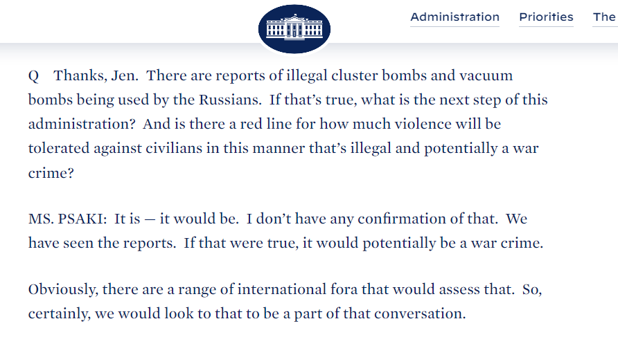 Last year Jen Psaki said Russia using cluster bombs was a war crime Today the Biden Admin is sending cluster bombs to Ukraine