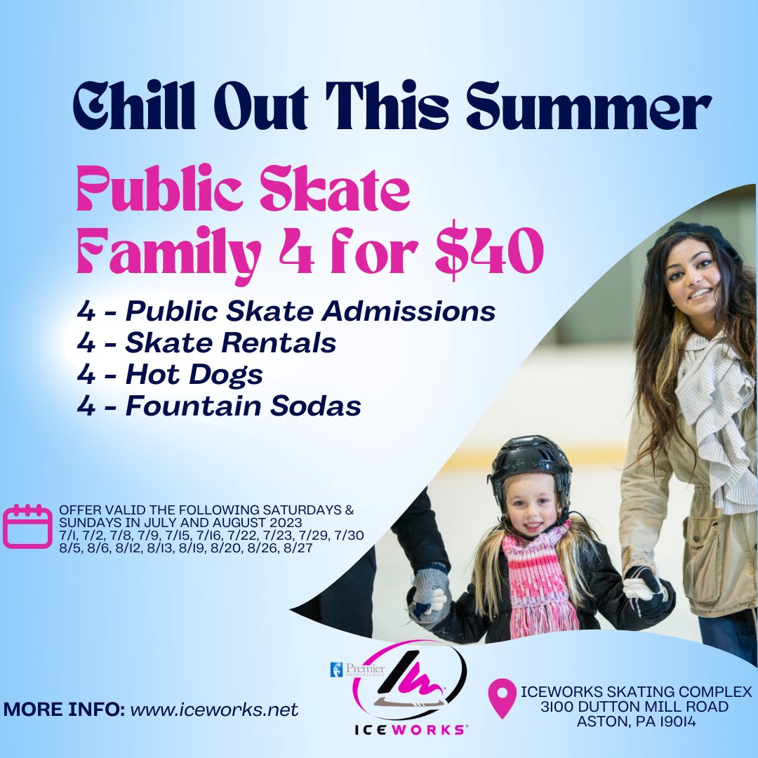 IceWorksComplex's tweet image. Chill Out with the family this weekend with IceWorks 4 for $40 Public skate deal*

4 Public Skate admissions
4 skate rentals
4 Hot Dogs 
4 Fountain Drinks 

Offer is available Saturday July 8th &amp;amp; Sunday July 9th for the extended 2PM - 6PM session
