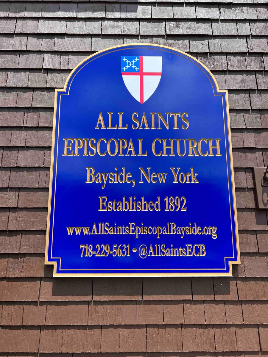 AllSaintsECB's tweet photo. Our welcome has just gotten a bit brighter! Special thanks to Mark and Mike Sullivan for hanging our beautiful new sign, given in memorial of Rhys Ritter. Thank you to all who made this new sign and the restoration of the front of the building possible. https://t.co/gfaRtGxSTs