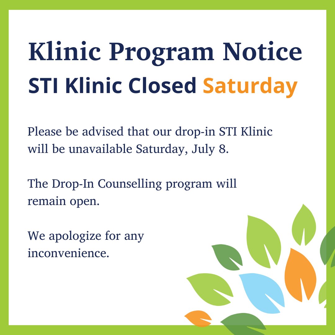 📢 Program Update: Our STI Klinic will be closed tomorrow, Saturday, July 8. 

Our office remains open, and the Drop-In Counselling program will be available as usual. We apologize for any inconvenience this may cause.
