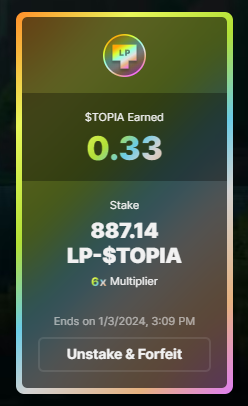 Just personally staked 250,000 $TOPIA on Uniswap &amp; then staked the LP tokens for 6 months.

Bullish on <a href="/TOPIAgg/">TOPIA (Now HYTOPIA)</a>, <a href="/iamarkdev/">ArkDev | HYTOPIA</a> and <a href="/Temptranquil/">Temptranquil | HYTOPIA</a> ❤️