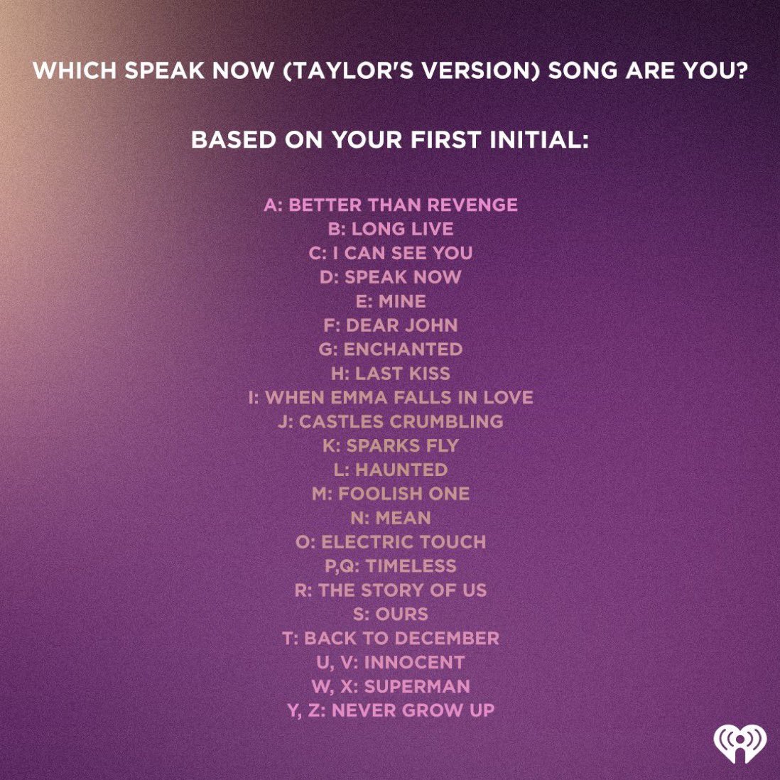 This album is the best thing that's ever been mine 🥹💜 Which #SpeakNowTaylorsVersion  song are you?⁠
⁠
Listen to <a href="/taylorswift13/">Taylor Swift</a> here: ihr.fm/TaylorSwiftTW