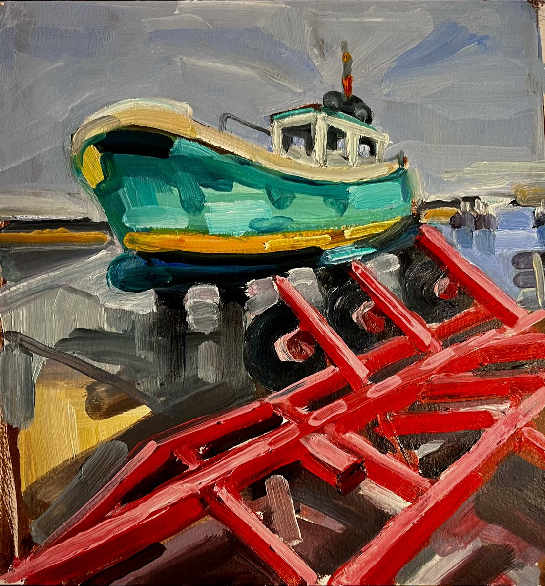 Two studies from recent camper van trips to the east coast. Firstly Robin hoods bay at dusk. NeXT Harbour at Saehouses. Both oil on paper and board.