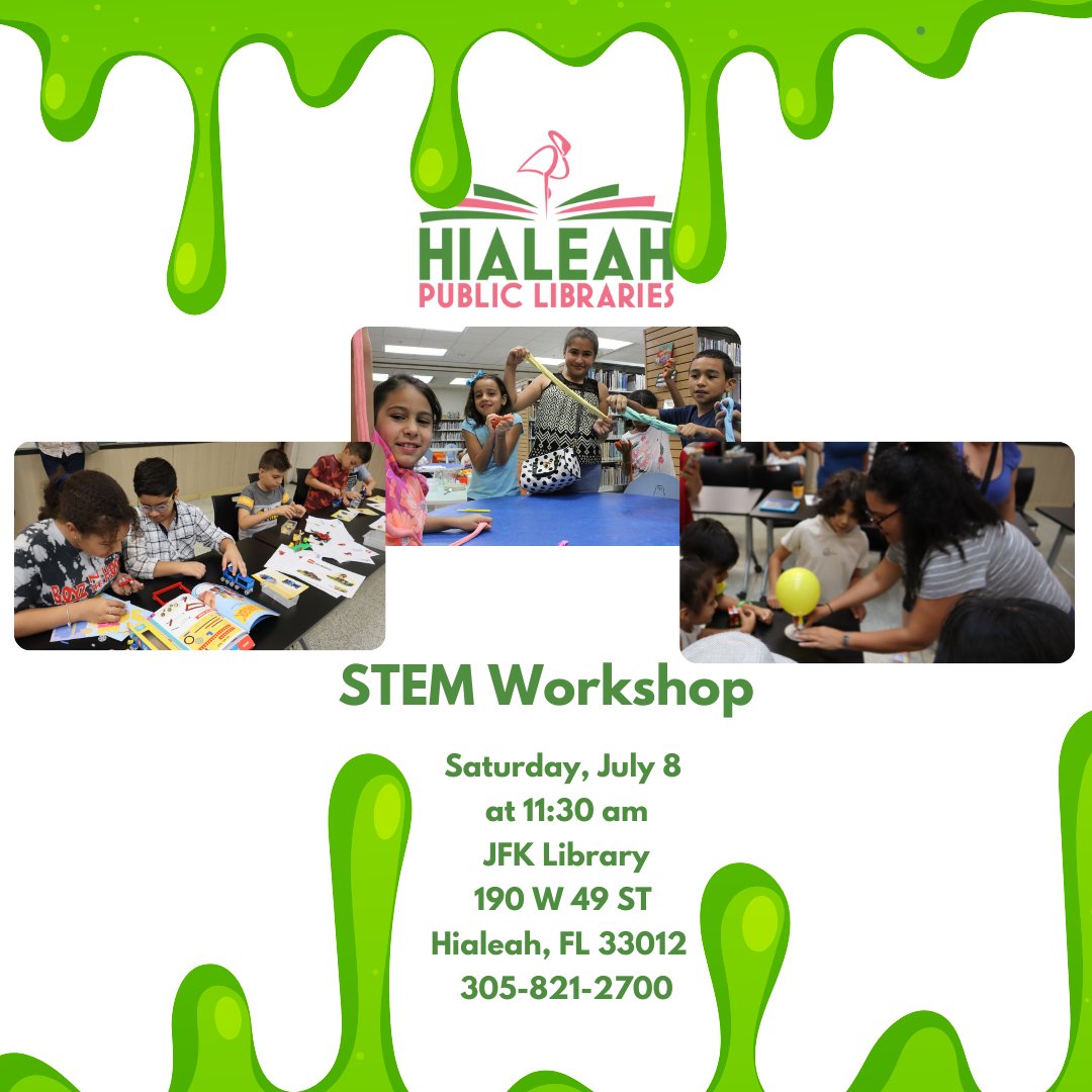 Aprende sobre ciencia de una manera divertida y práctica con Taller STEM. Únase a nosotros en la Biblioteca JFK este sábado 8 de julio a las 11:30 a. m. El taller STEM de esta semana se centrará en hacer slime. Para obtener más información, llame al 305-821-2700.#todosjuntosahora