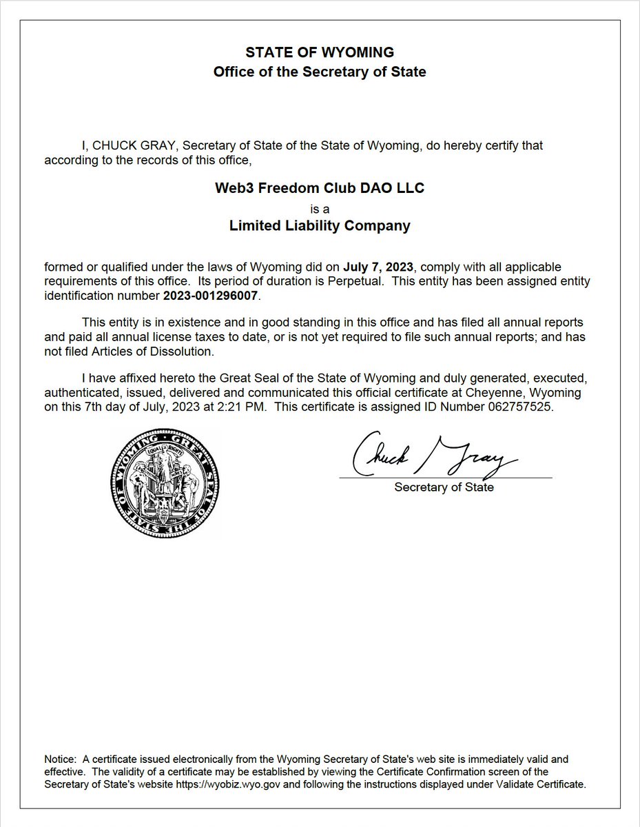 yonks's tweet photo. @Web3FreedomClub - Hybrid #DAO Governance structure

Step 6️⃣ Register as a #DAO LLC

We prefer doing business with @WyomingSOS. No experience (yet) with optional service: @doolaHQ

If you are curious, here is the verbiage we used for "Article 6", the required DAO addendum:
===
Web3 Freedom Club DAO LLC is an algorithmically managed Decentralized Autonomous Organization (DAO). The notice of restrictions on duties and transfers appear in the operating agreement. Web3 Freedom Club DAO LLC has a hybrid DAO Governance model viewable at https://t.co/xNkQwwJRUk {1} Proof of Membership (ERC-721) Polygon SmartContract address: 0xc36ae6aa2e6050356ae342f1d8d8b5c0e46c76dc which can be viewed at https://t.co/tnx6h0CQw9 and {2} Proof of Contribution (ERC-20) Polygon SmartContract address: 0x4a18248a6228f283e8a11ddd28c740142249112f which can be viewed at https://t.co/HClcStlVKh
===

🧵9/ 2023-W27