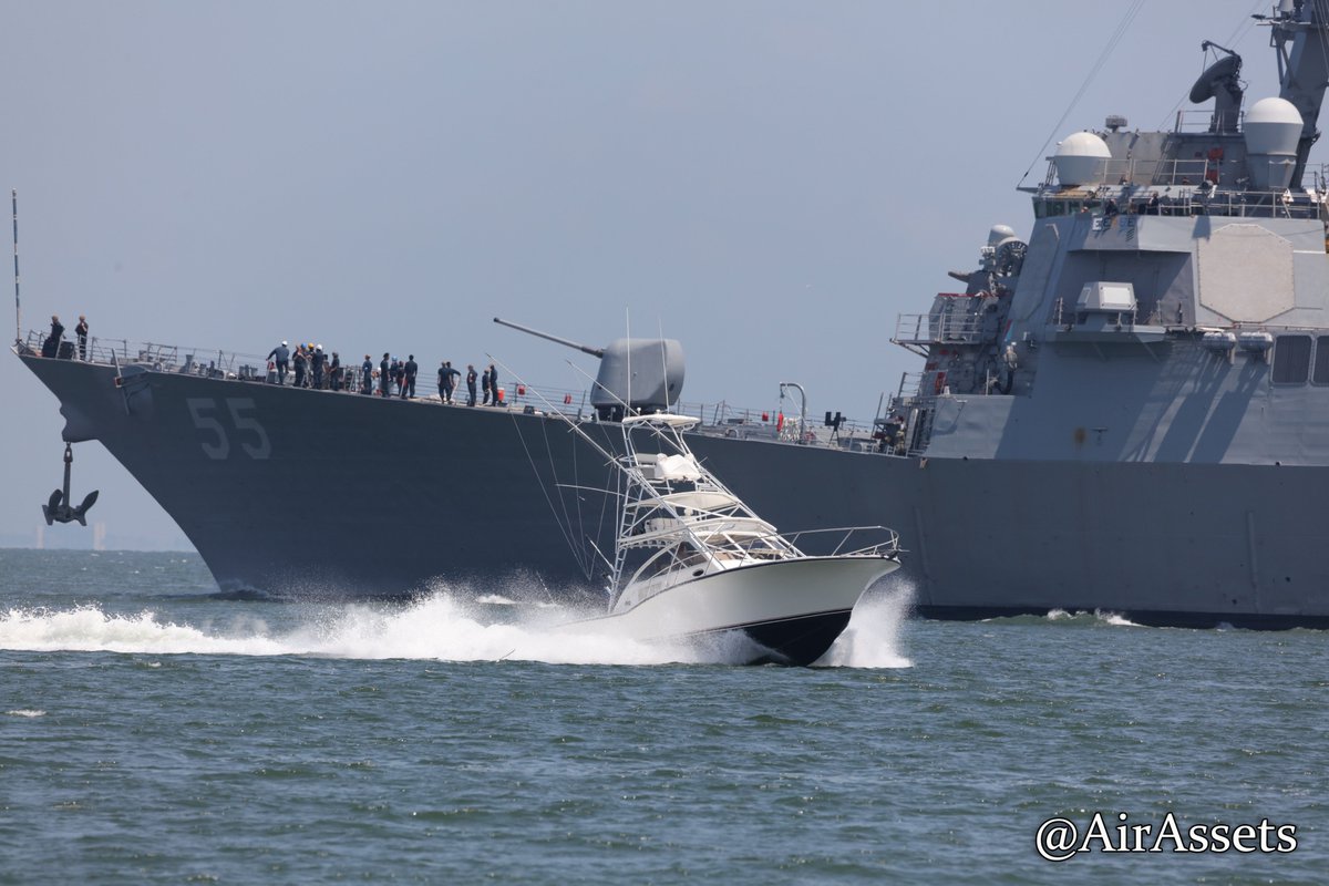 19:25 UTC 14:25 Time local 7 July 2023 finds the USS Stout DDG-55 an Arleigh Burke class guided missile destroyer outbound for sea from Norfolk.  #ddg55 #ussstout