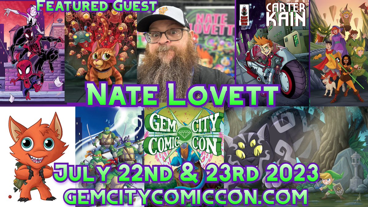 GemCityComicCon's tweet photo. The #GemCityComicCon is pleased to welcome Nate Lovett to our 2023 show!
#GCCC2023 #comics #comicbooks #creators #convention #FeaturedGuest #popculture #artist #illustrator #comiccreator #Nickelodeon #Image #Hasbro #PawPatrol #GIJoe #childrensbooks #ActionLabComics https://t.co/uB1mgw71Qt