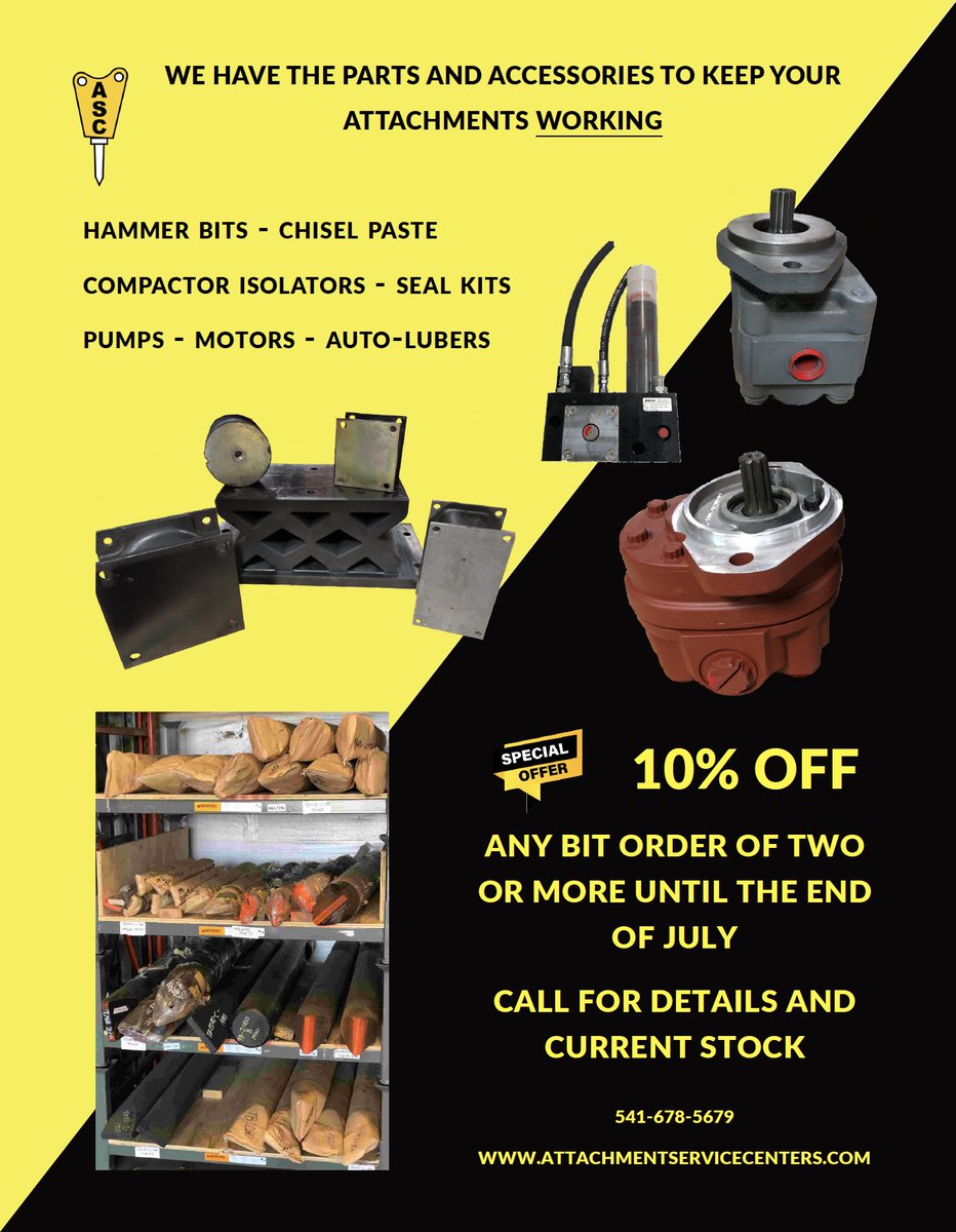 AttachmentSvCtr's tweet image. We have #hammerbits and #chiselpaste and #compactor #isolators and #pumps and #motors and #autolubers and #sealkits for your #hydraulic #attachments
10% OFF any order of two or more bits until the end of July!
