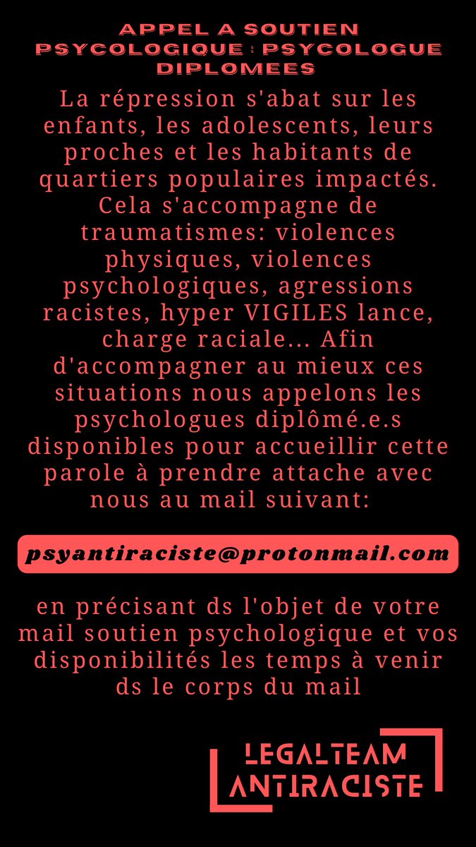 Appel à soutien psychologique : 
Psychologues diplômées envoyez vos disponibilités à : psyantiraciste@protonmail.com