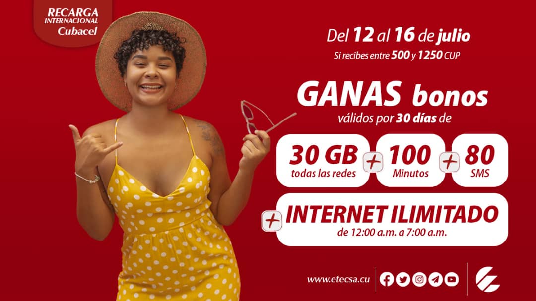 Del 🗓 12 al 16 de julio, promoción de #RecargaInternacional.
Si recibes 📲 entre 500 y 1250 CUP, ganas bonos, válidos por 30 días de:
👉🏼 30GB (todas las redes) + 100 Min + 80 SMS + internet ILIMITADO de 12:00 a.m. a 7:00 a.m.

Disponible también a través de la 💰Bolsa MiTransfer