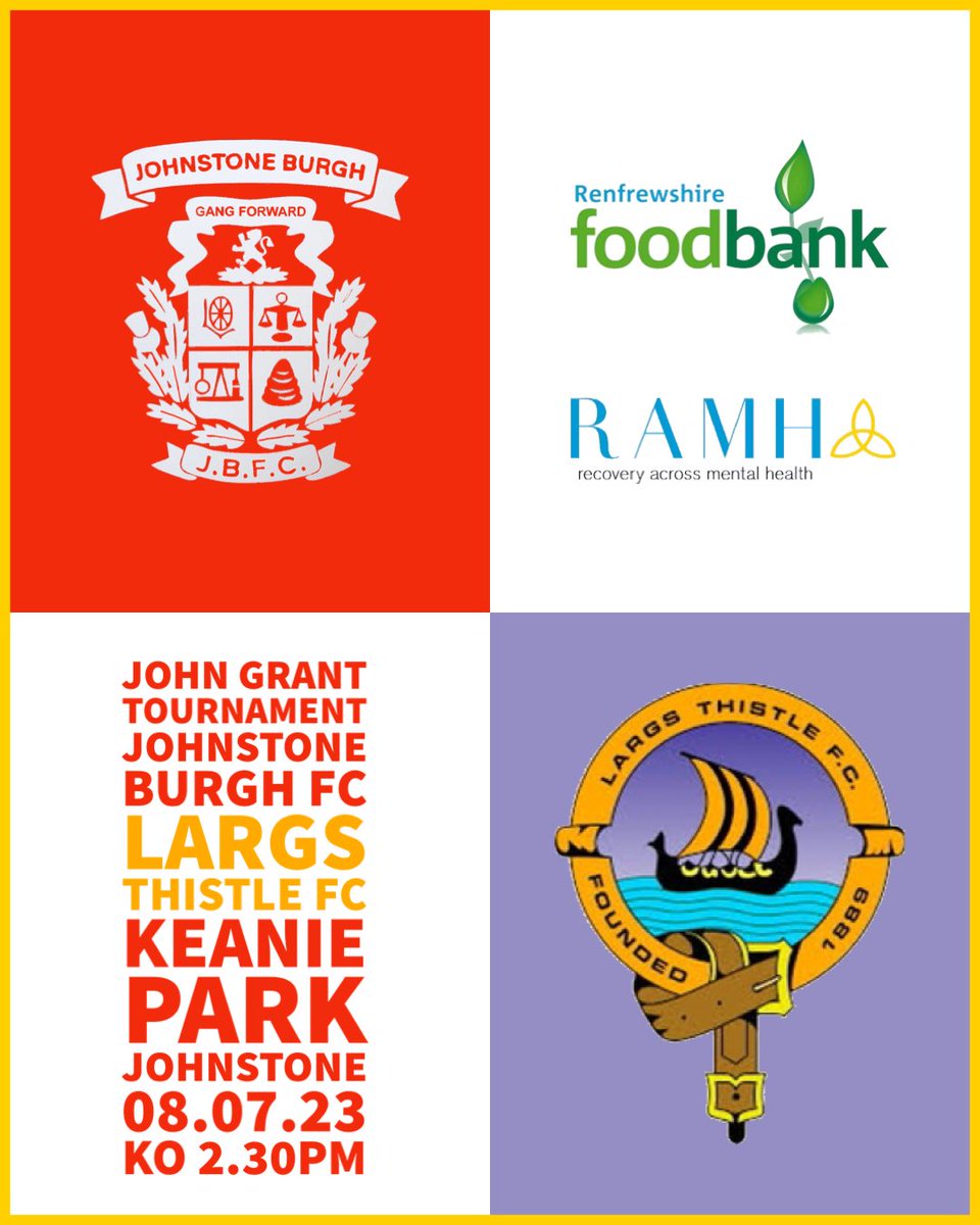 John Grant Tournament 
KO 2.30PM

Entry to the tournament is by donation, and will go to help RAMH to those requiring mental health and associated support.
We are continuing our partnership with Renfrewshire Foodbank, and donations will also be accepted. <a href="/LargsThistleFC/">Largs Thistle F.C.</a>