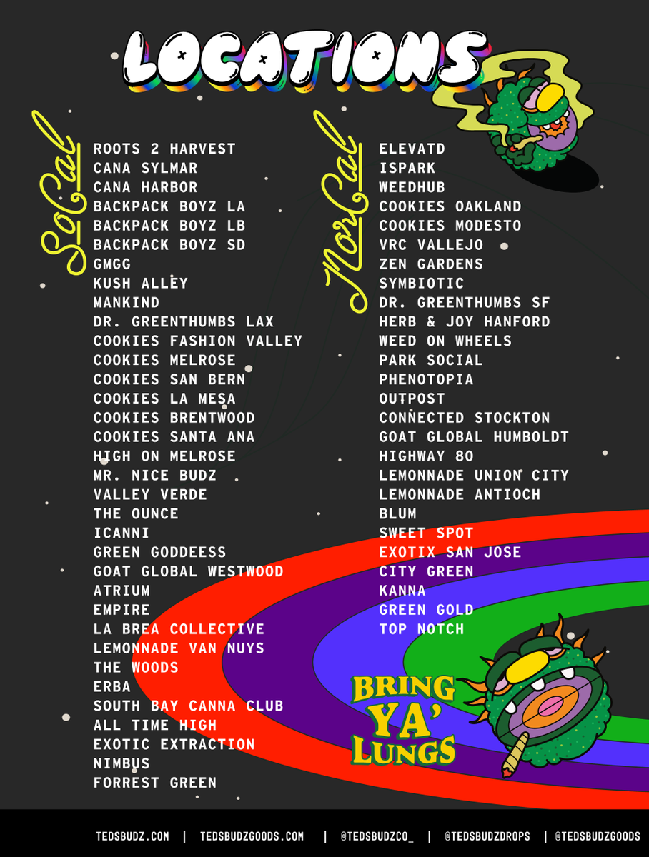 Tedsbudzco_'s tweet photo. #tedsbudz Menu Drop Locations ‼️
#smokersclub #gooniez #breadfactory #zatix #creamcity #superdope https://t.co/BiQpD5ptvU