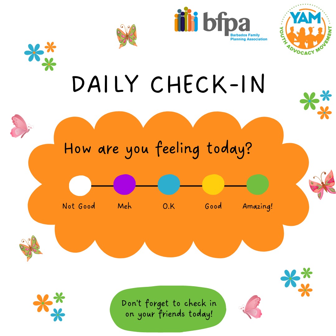 YAM_Barbados's tweet photo. YAM would love for all of our friends and family to check in with us!. How are you feeling today?
🟢🟡🔵🟣⚪️
#menhealthawareness #mentalhealthmatters
#dailycheckin https://t.co/ljDAbj5axl