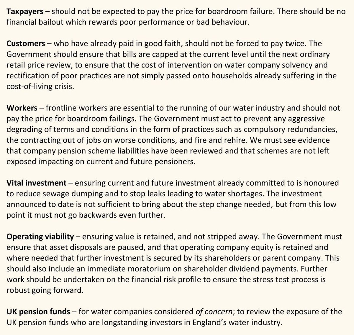 Was only yesterday that the Environment Secretary told me that she has “full confidence in the financial resilience of the water sector”.

<a href="/UKLabour/">The Labour Party</a>’s six tests must form the basis of an act and protect plan.

Taxpayers &amp; workers should not pay the price for boardroom failures.