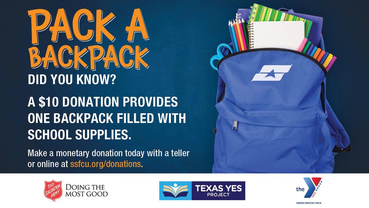 SSFCU's tweet photo. Join #SSFCU this month for #PackABackpack and help provide students with school supplies for the upcoming year. Donate today through July 31 at https://t.co/RuJtmQKftj or at a branch near you. https://t.co/7hF5ppWKMx
