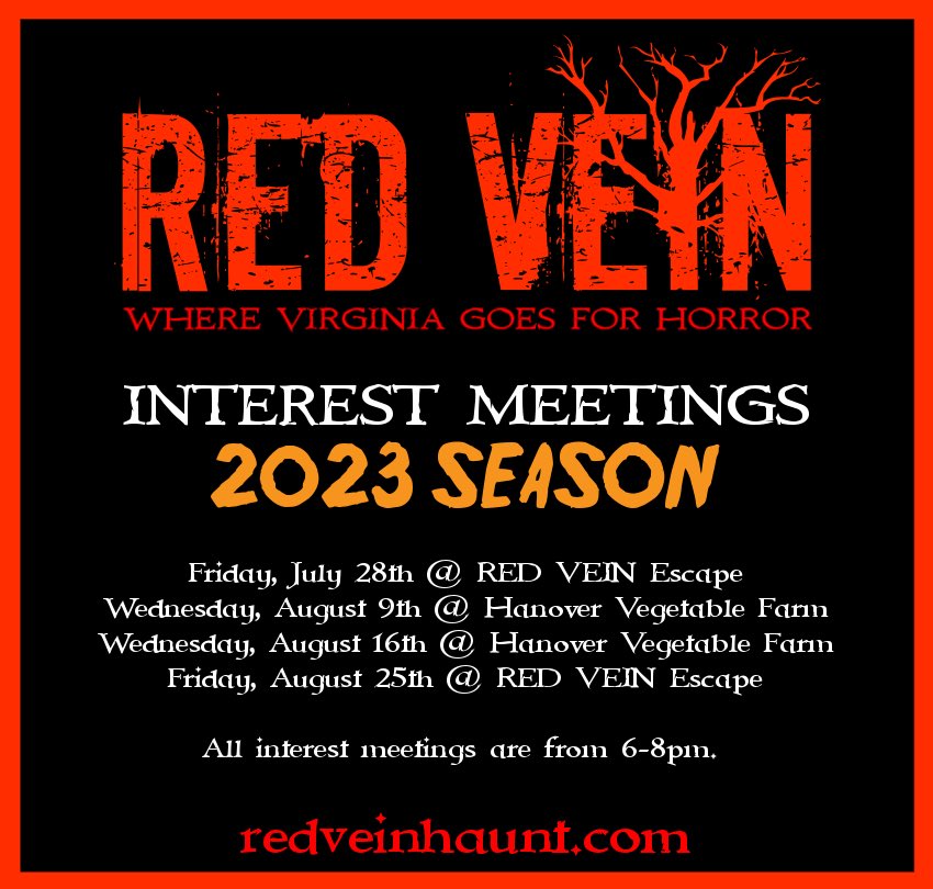 RedVeinHaunt's tweet photo. Want to join the @RedVeinArmy? Our interest meetings are coming up very soon! Mark your calendar with the dates/times/locations and we’ll post more info as we get closer. It’s almost time for haunt season! 🎃🔺 #oneofus https://t.co/Tz8FgD3U9r