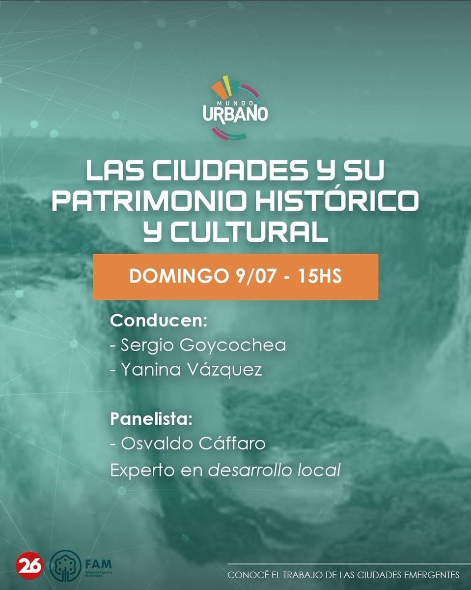 CaffaroOsvaldoR's tweet photo. 📺 Este Domingo 9 a las 15hs #MundoUrbano por @canal26noticias.
🔸 Único programa de televisión que expone el trabajo de ciudades emergentes.
El #tema de este Domingo : Las Ciudades y El Patrimonio Histórico y Cultural. https://t.co/GQQj1hLQTk