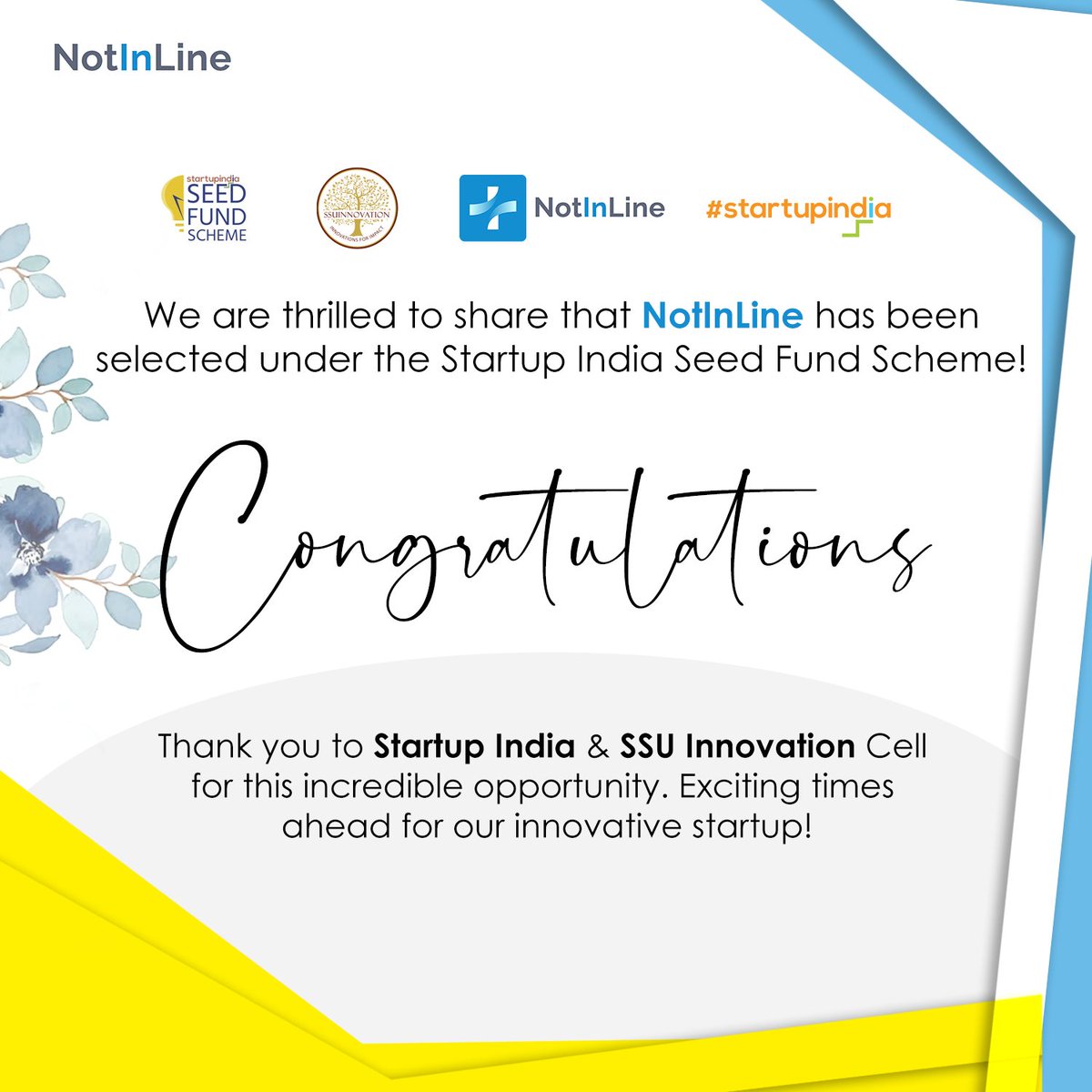 NotInLine_'s tweet photo. We are happy to share that @NotInLine_ is selected for Startup India Seed Fund Scheme (@startupindia). https://t.co/wOljMznl2H